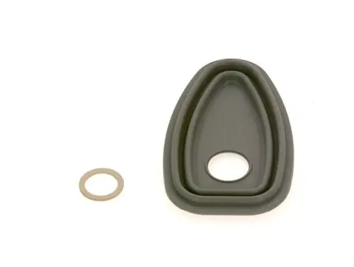 Schwarze gummierte komponente von Bosch mit ovalem Ausschnitt und einer zusätzlichen Metallringdichtung daneben.